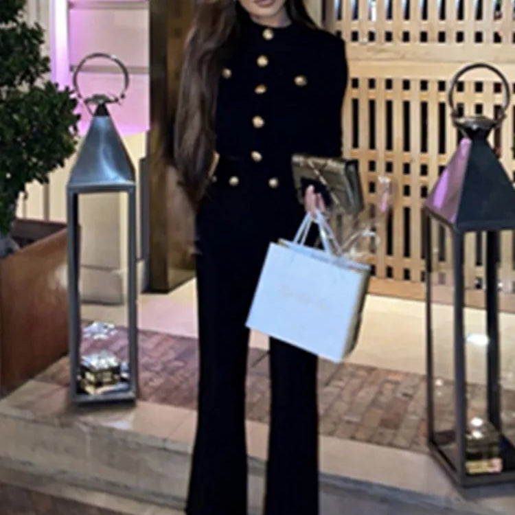 New Autumn Style Black Color Women Long Sleeve Button Rayon Bandage Coat Pants Fashion Women's Set High Street Celebrate Wear