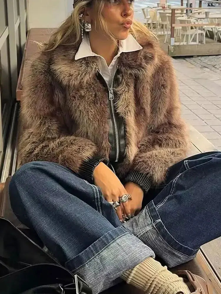 Women's Winter Coat Faux Fur Lapel Long Sleeves Loose Zipper Jackets Lady Pockets High Street Chic Warm Woman Outerwear