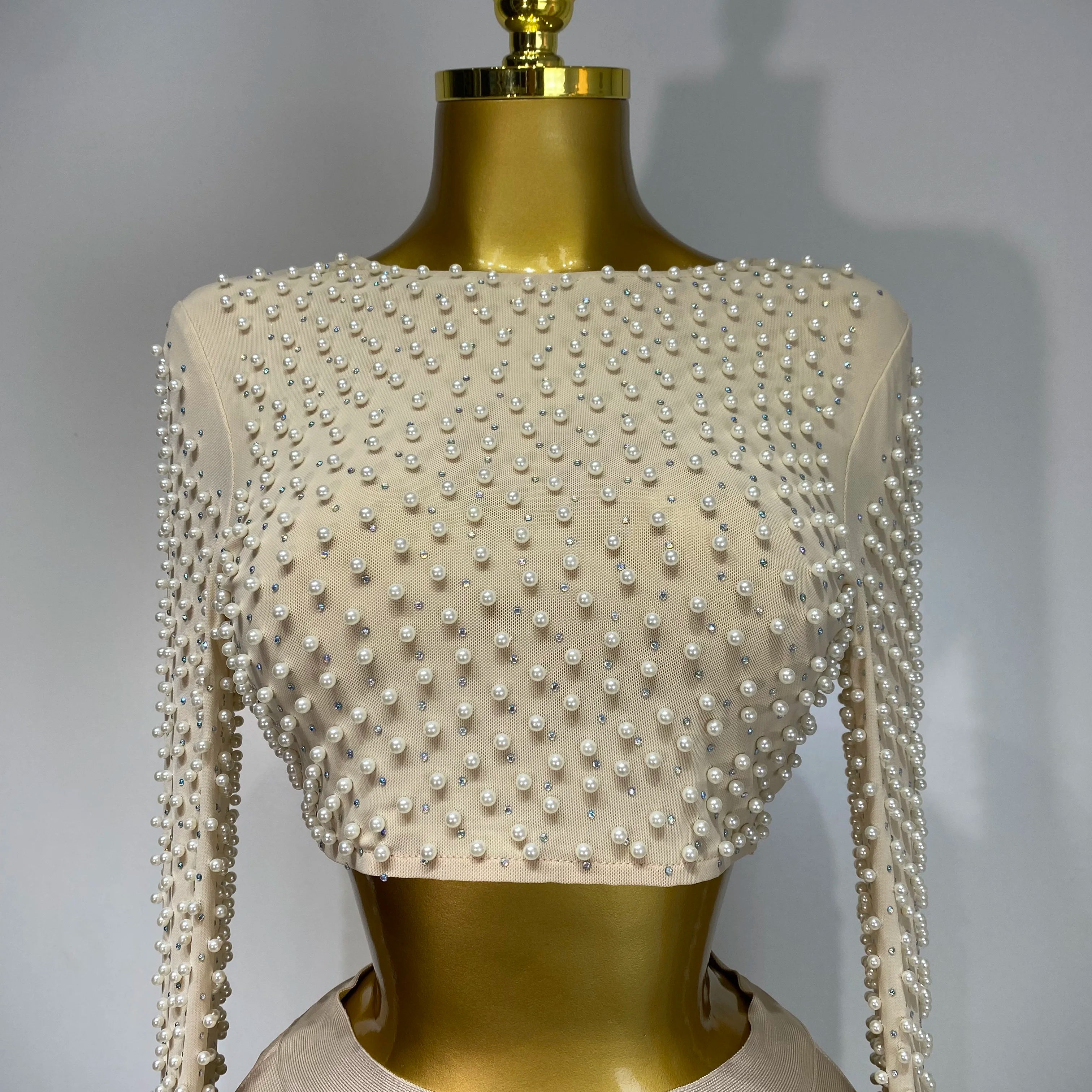 Women Sexy Long Sleeve Mesh Pearl Top Celebrity Midi Women Bandage Set 2025 Designer Evening Party Luxury Birthday Two Piece Set