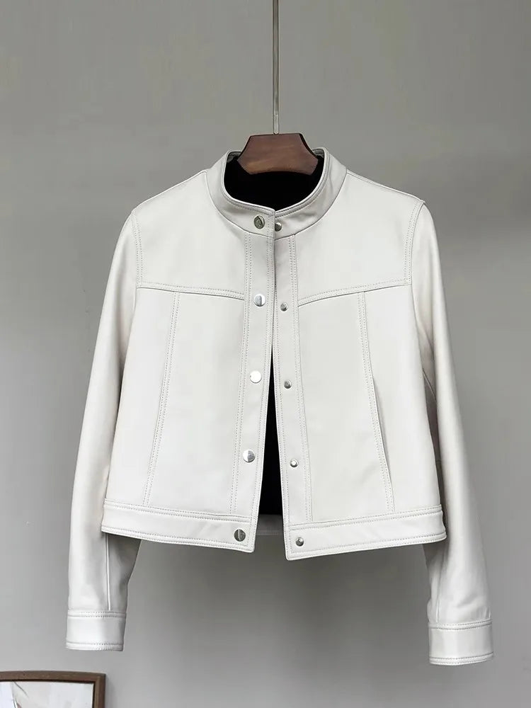 Lautaro Spring Autumn Short White Soft Pu Leather Jacket Women Stand Collar Long Sleeve Elegant Chic Luxury Designer Clothing White