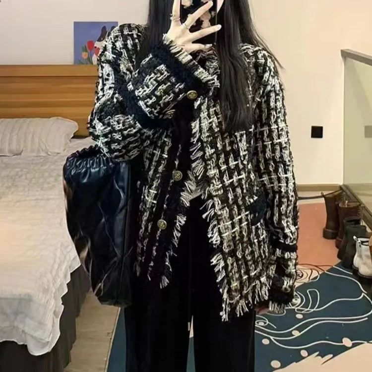 Women's Coat New French Style Small Fragrance 2024 Autumn Winter Retro Weave Tassels Temperament Tweed Tops Jacket Black(Liner)
