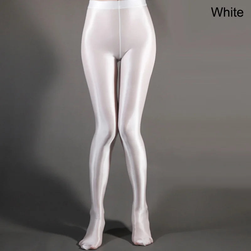Colorful Satin Glossy Pantyhose Sexy Stockings Shiny Yoga Pants Leggings Sport Tights Women Fitness High Waist Tights White