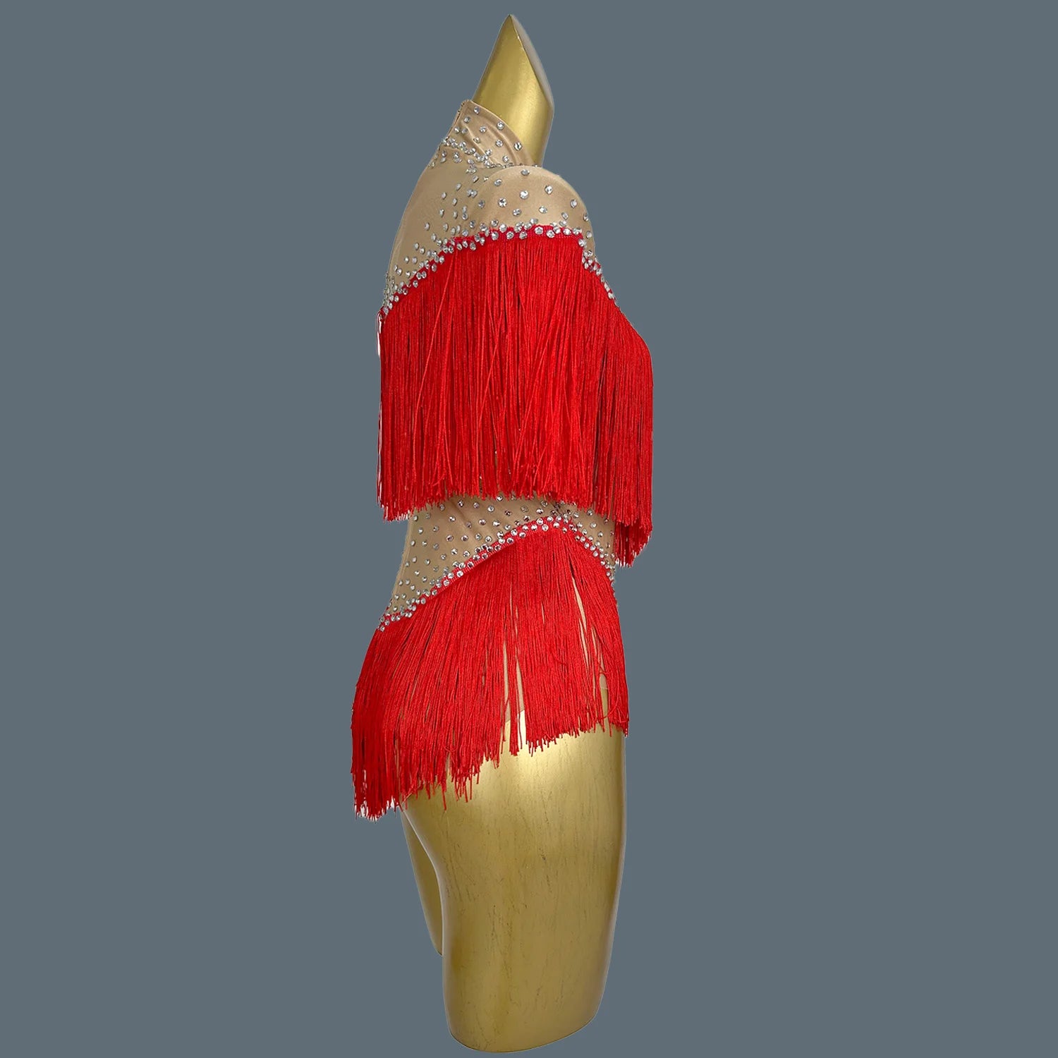 Nightclub Show Stage Performance Costume Rhinestone Red Tassel Bodysuit Women's Sexy Dance Leotard Dance Troupe Outfit Caizhuang