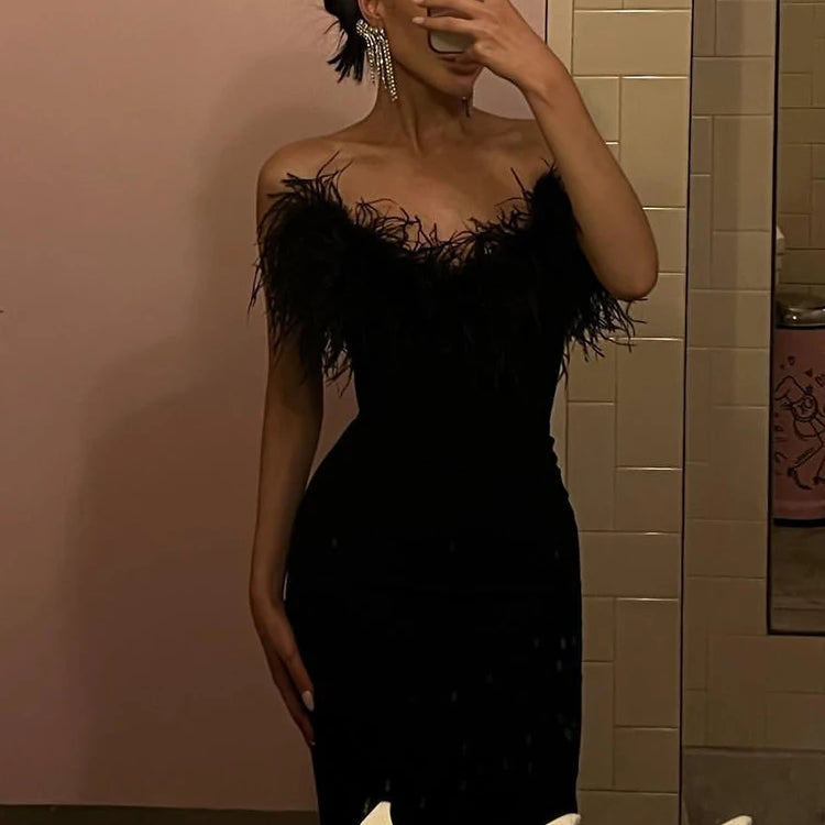 Woman Strapless Feather Design Dress For Party Chic Bodycon Bandage Black Long Dress Vestido