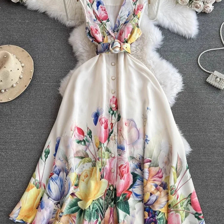 2024 Summer Holiday Beach Dress Women's Notched Collar Sleeveless Single Breasted Floral Print Belt Long Boho Party Vestido 6389 apricot