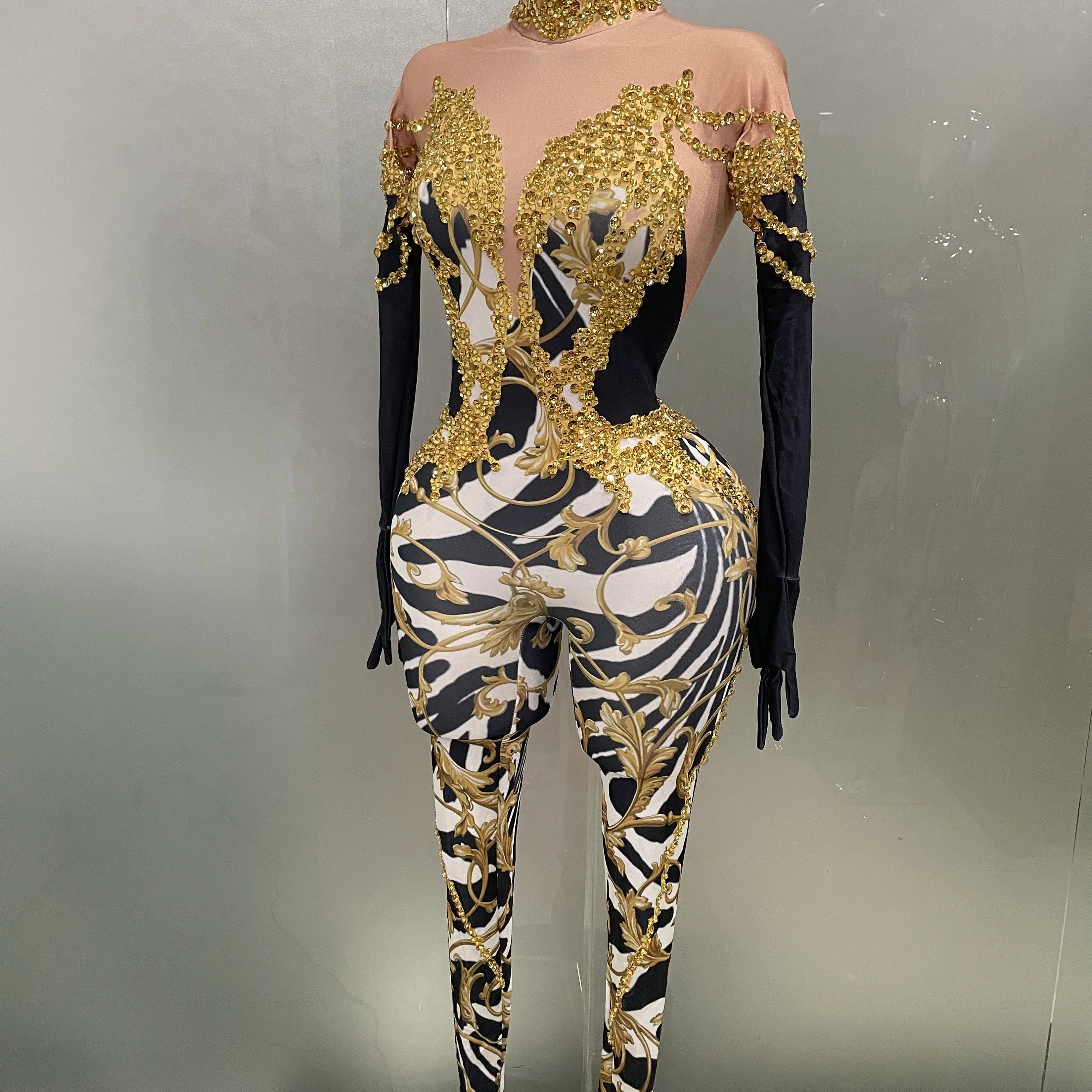 Sparkly Gold Rhinestones Jumpsuit With Gloves 2025 New Women Sexy Printed Party Nightclub Bar Singer Stage Performance Costume
