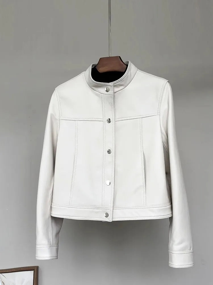 Lautaro Spring Autumn Short White Soft Pu Leather Jacket Women Stand Collar Long Sleeve Elegant Chic Luxury Designer Clothing