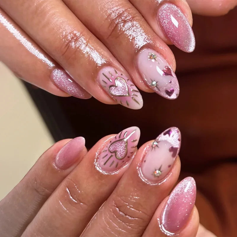 24pcs Cute Love Press on Nails Shiny French Pink Cat Eye Fake Nail Tips Full Cover Wearable Korean Style Almond False Nails 1