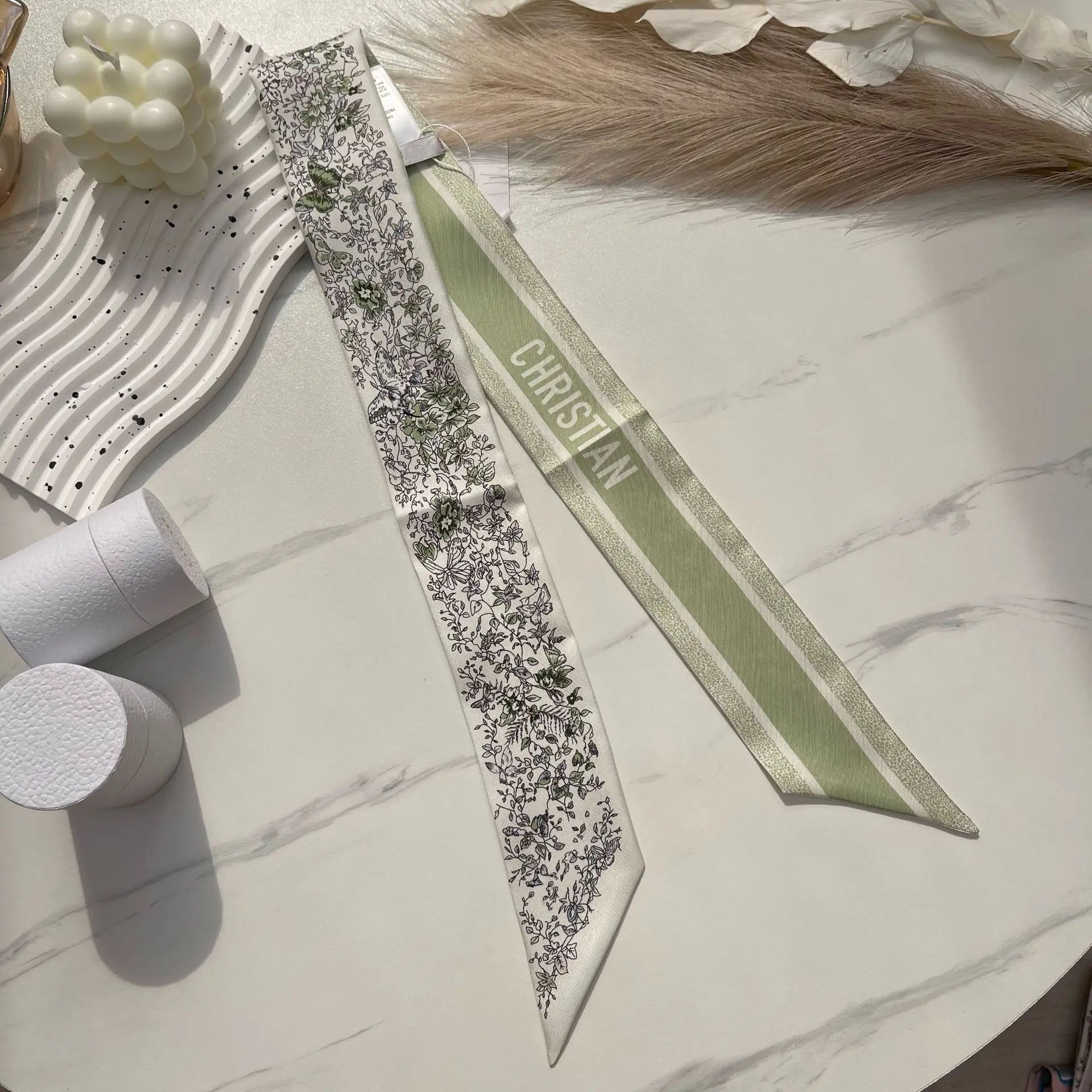 Brand CD Butterfly Around the World Women's Ribbon Scarf Twill Silk Mulberry Silk Long Small Silk Scarf Neckerchief Bags Tie HD green