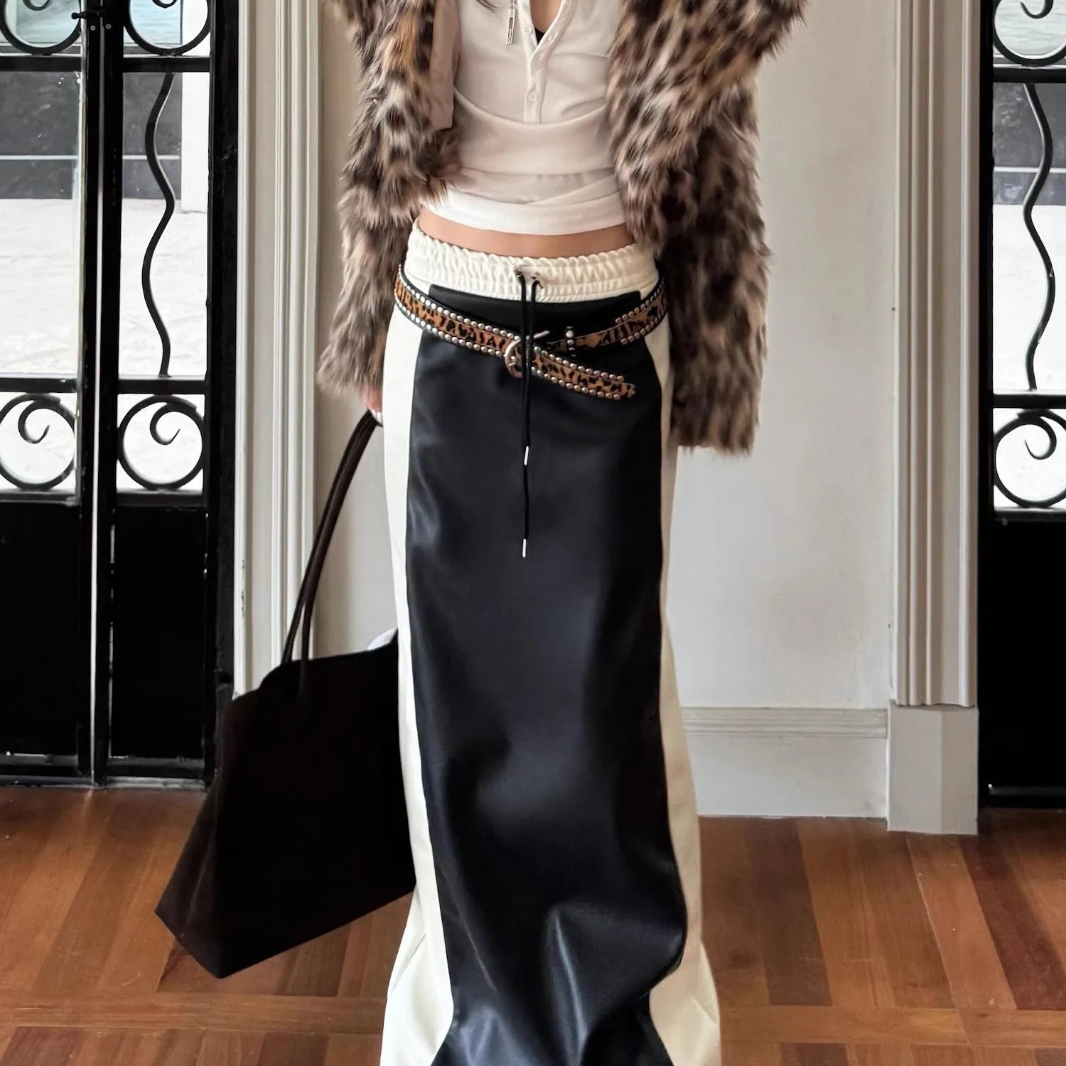 Lautaro Spring White and Black Patchwork Pu Leather Floor Length Straight Skirt Women with Back Slit Drawstring Elastic Waist Black and white