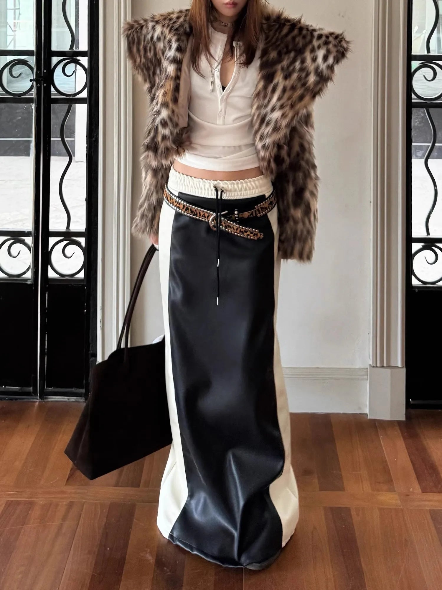 Lautaro Spring White and Black Patchwork Pu Leather Floor Length Straight Skirt Women with Back Slit Drawstring Elastic Waist Black and white