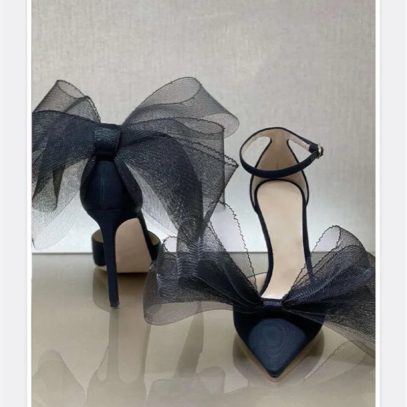 Big Butterfly-Knot Sandals Woman Summer 2024 High Heels Women Pumps Pointed Designer Shoes Mary Janes Sexy Stiletto Wedding Shoe black