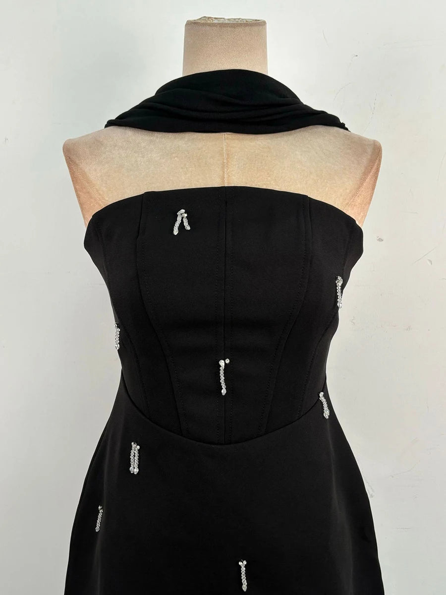 Solid Slimming Spliced Bead Elegant Dresses for Women Strapless Sleeveless Temperament Mini Dress Female Fashion