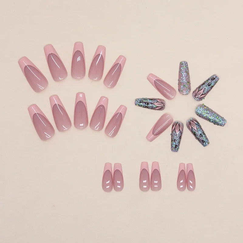 24-piece Long French Pop Flash Nail with 1 Jelly Glue and 1 Nail File