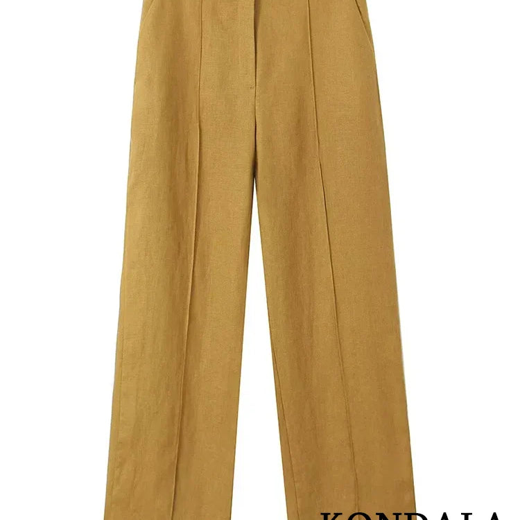 KONDALA Office Lady Linen Brown Suits Women V Neck Single Buttons Vest Blazer+High Waist Wide Leg Pants Fashion Summer Sets