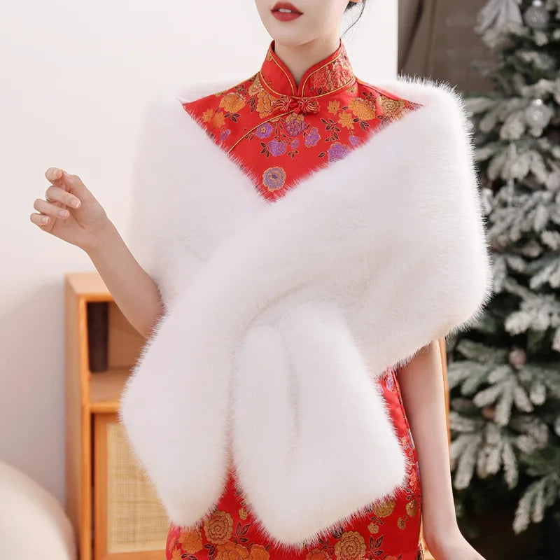 Women Fur Capes Wedding Bridal Shawl Bolero Faux Fur Stole Winter Luxury Fluffy Warm Outerwear Jacket Formal Party Shrug 165cm