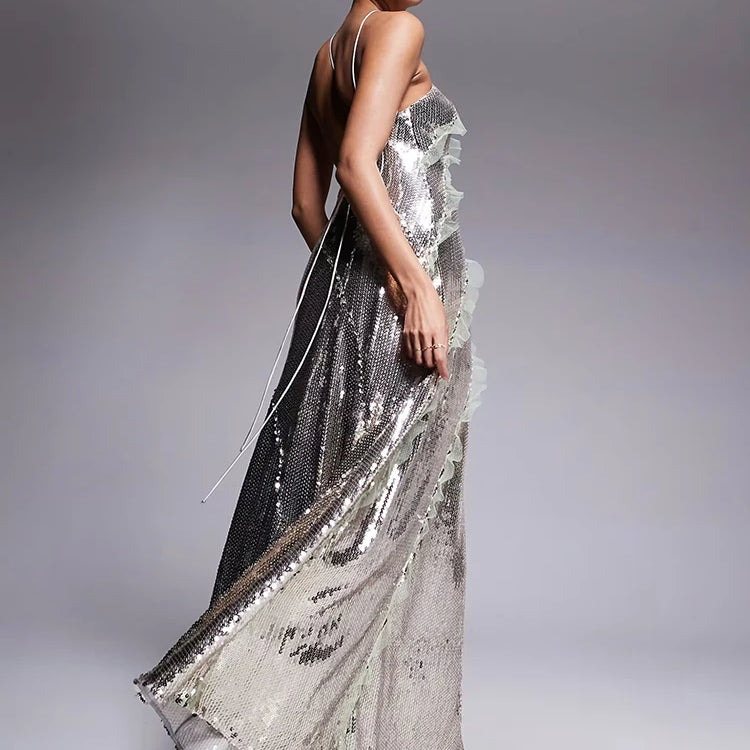Starry Silver Sequin Strappy Backless Sleeveless with Ruffle Mesh Details Dressfor Party Glamour Gown