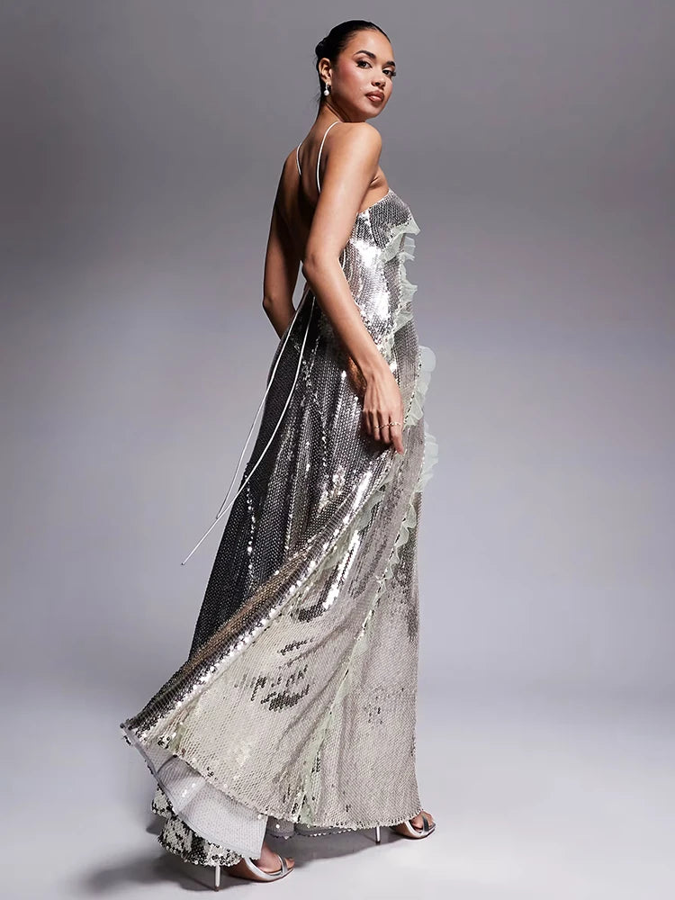 Starry Silver Sequin Strappy Backless Sleeveless with Ruffle Mesh Details Dressfor Party Glamour Gown