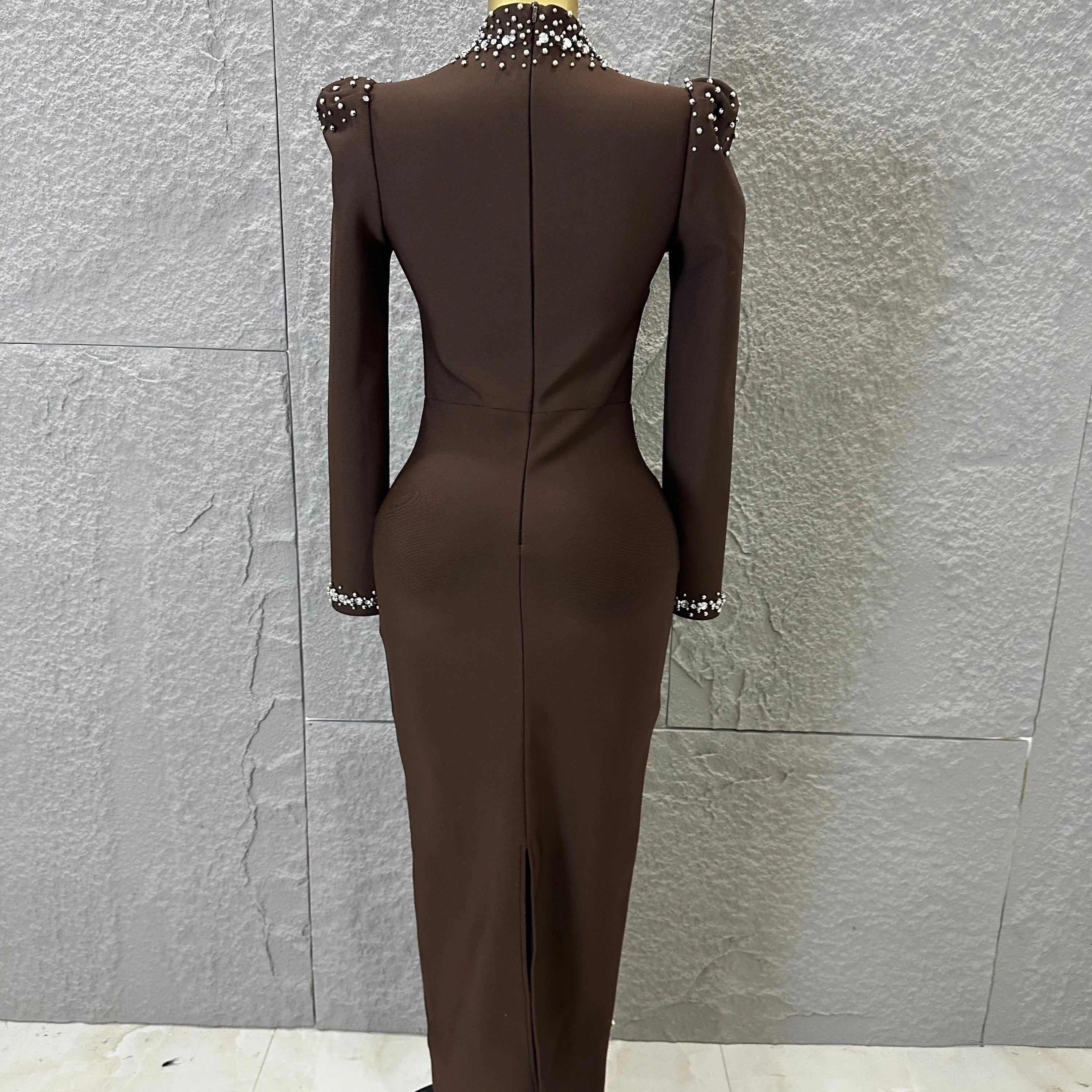 Sophisticated Brown High Neck Maxi Dress Women Sexy Long Sleeve Crystal Pearl Embellished Bodycon Outfit Cocktail Party Costume
