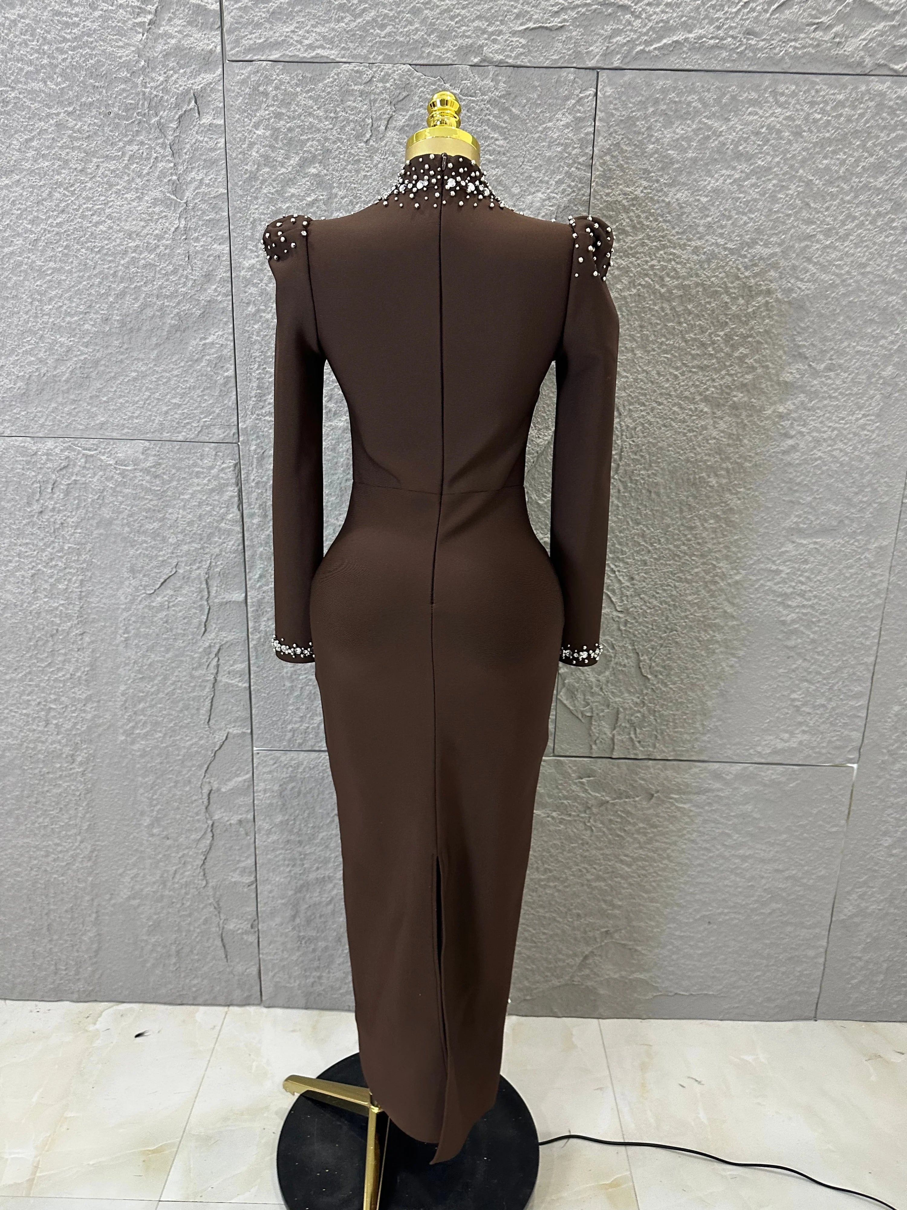 Sophisticated Brown High Neck Maxi Dress Women Sexy Long Sleeve Crystal Pearl Embellished Bodycon Outfit Cocktail Party Costume