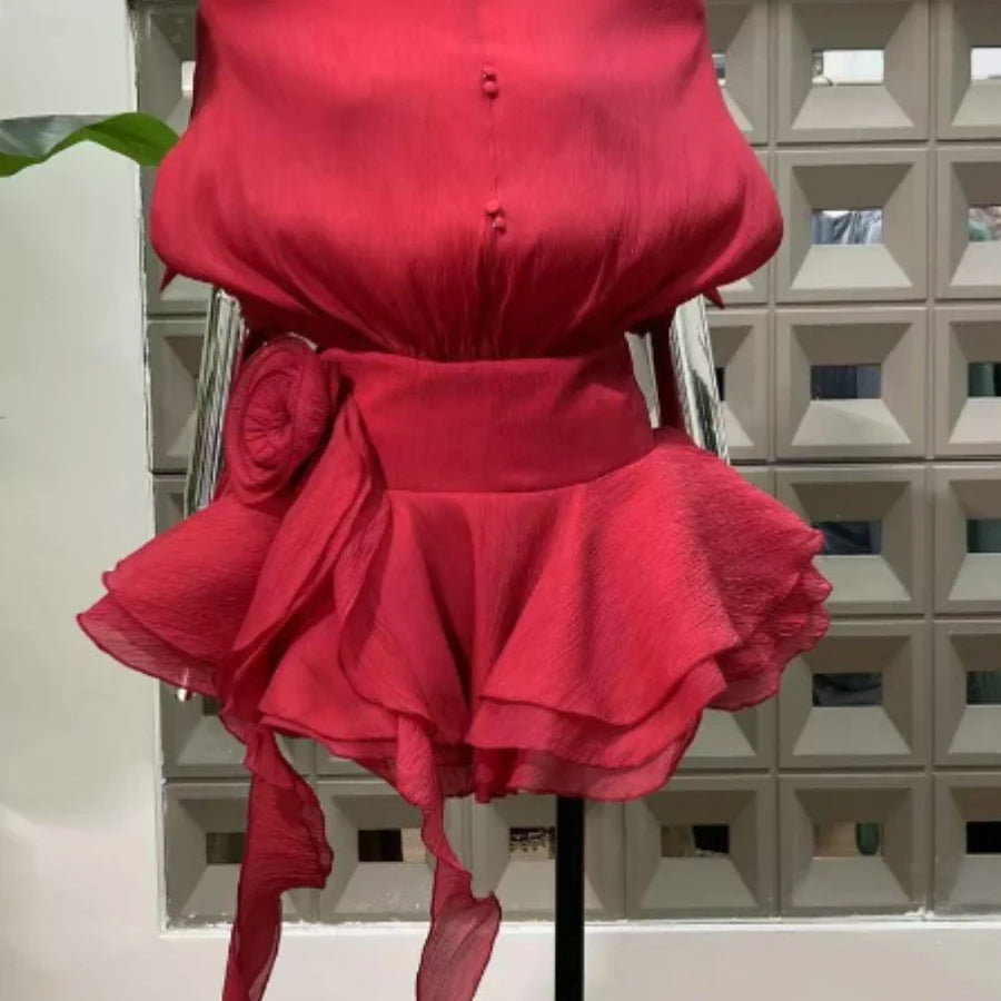 Solid Loose Spliced Ruffles Mini Dresses for Women Slash Neck Sleeveless Patchwork 3D Flower Dress Female Clothing RED