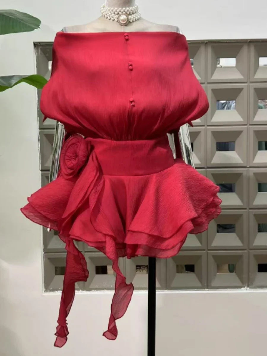 Solid Loose Spliced Ruffles Mini Dresses for Women Slash Neck Sleeveless Patchwork 3D Flower Dress Female Clothing RED