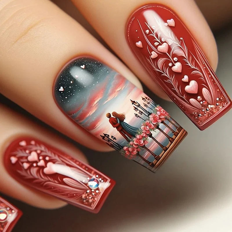 24pcs/set Meduim long fake nails for women peach flowers heart for Spring summer Square faux ongles press on false nail art tips 1912