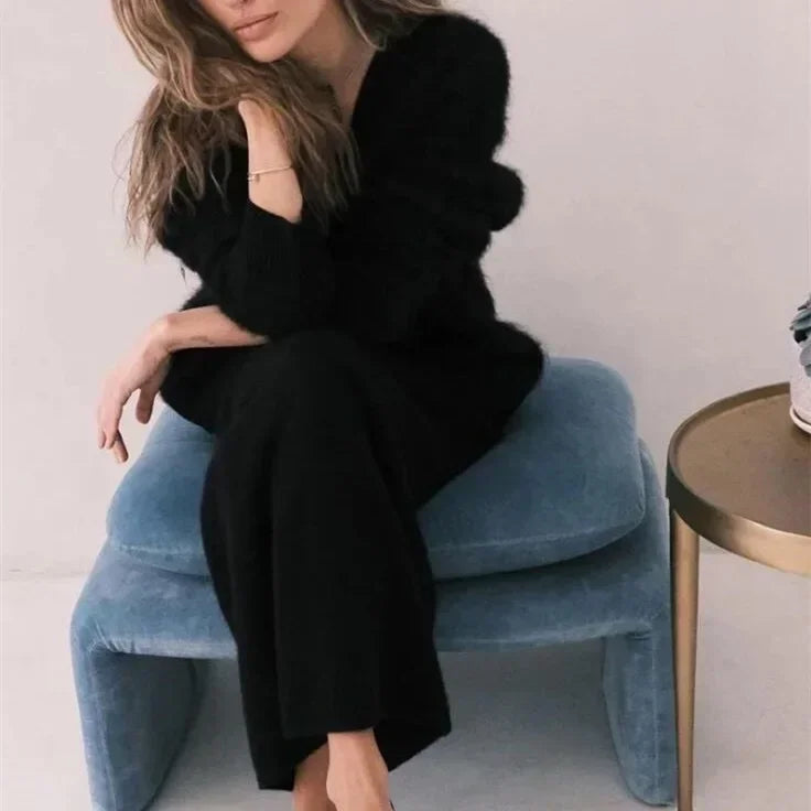 Cross-border hot autumn/winter imitation sable woman lazy loose sweater coat soft long-sleeved knitwear woman Black