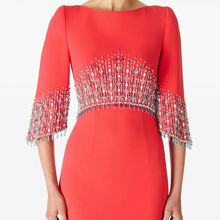 Slimming Elegant Midi Dresses for Women Round Neck Half Sleeves Patchwork Bead Luxurious Dress Female Clothing New