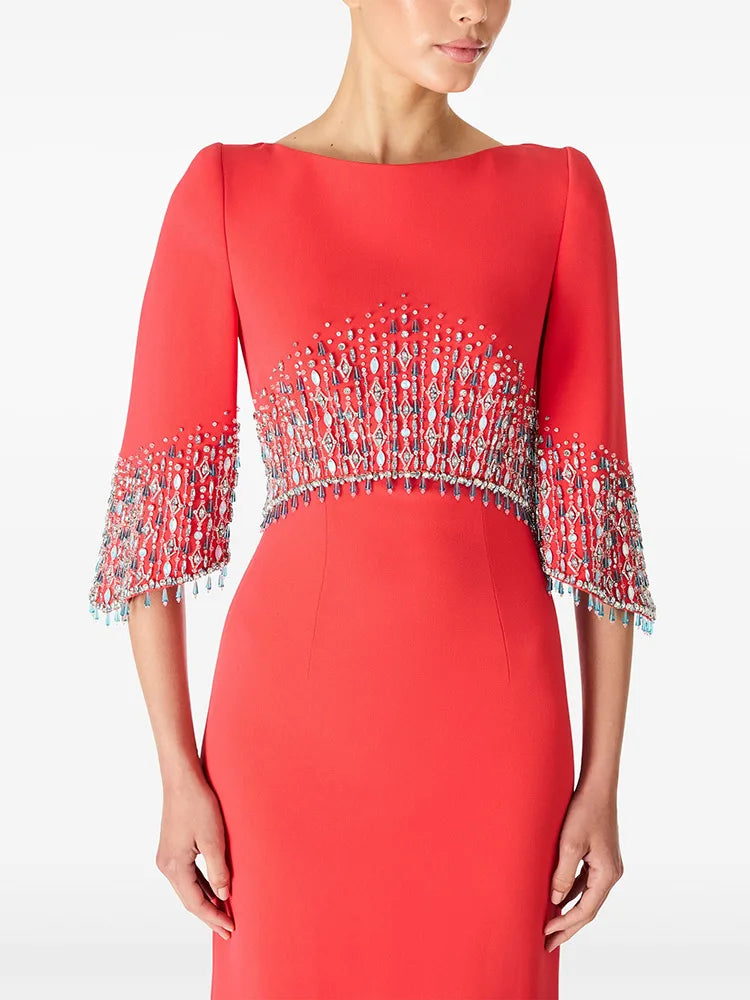 Slimming Elegant Midi Dresses for Women Round Neck Half Sleeves Patchwork Bead Luxurious Dress Female Clothing New