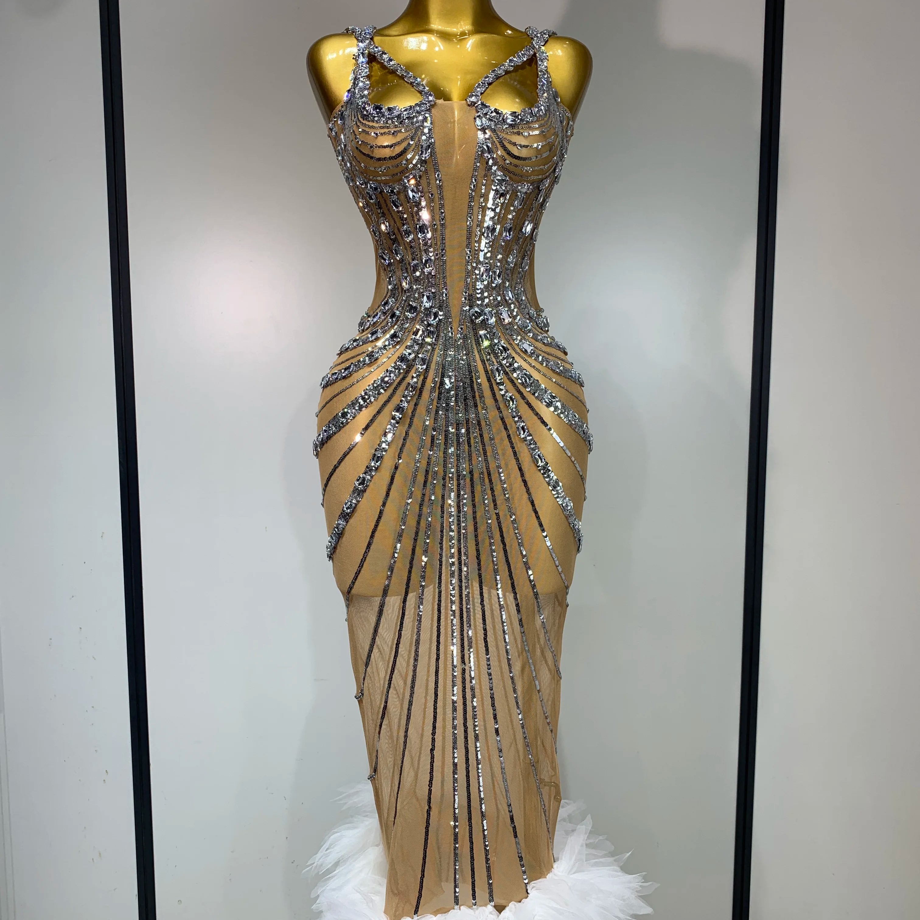 Sexy Silver Rhinestone White Mesh See Through Long Dress Women Luxury Birthday Party Prom Gown Singer Nightclub Stage Outfit Silver