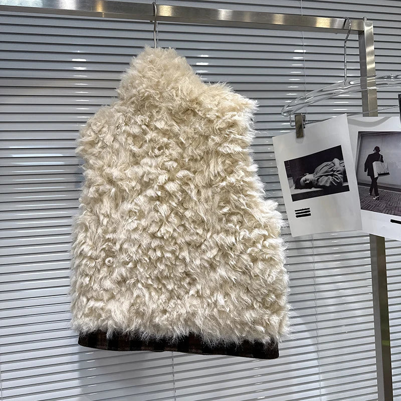 Winter New Fashion Faux Lamb Wool Plaid Reversible Vest For Women Versatile Zipper Waistcoat Female Trendy 11A07854