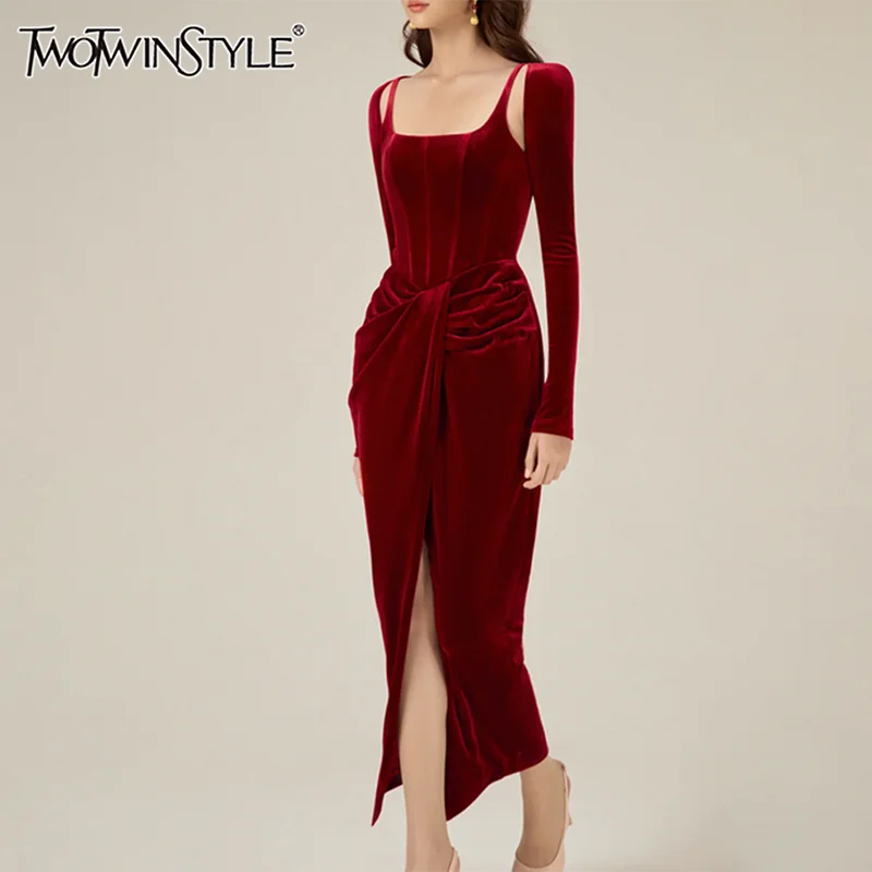 Solid Patchwork Folds Elegant Dresses For Women Square Collar Long Sleeve High Waist Split Slimming Dress Female