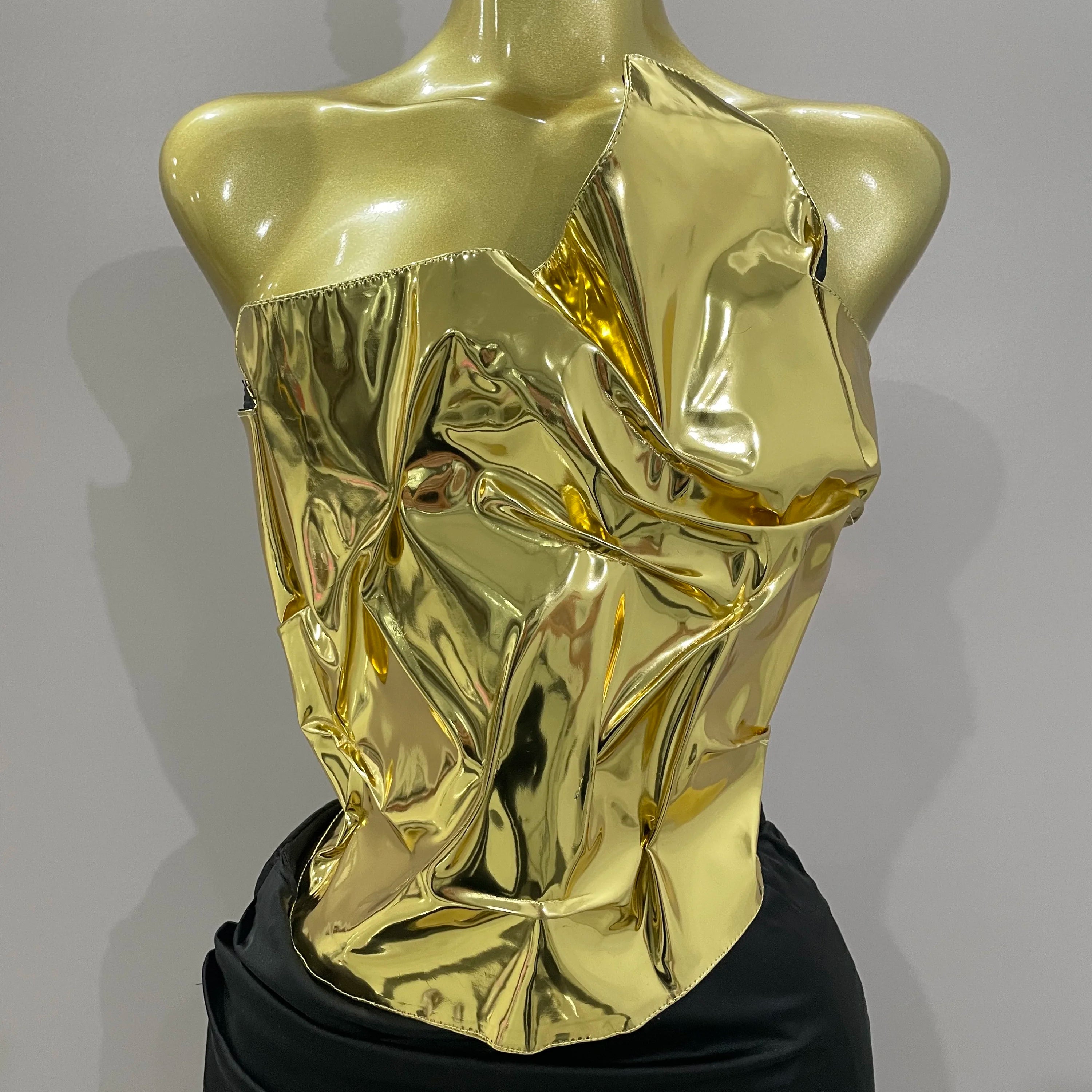 2025 Gold Color Sexy Laced-up Tops 2 Pieces Set Long Dress Women Celebrate Evening Party Celebrity Elegant Dress