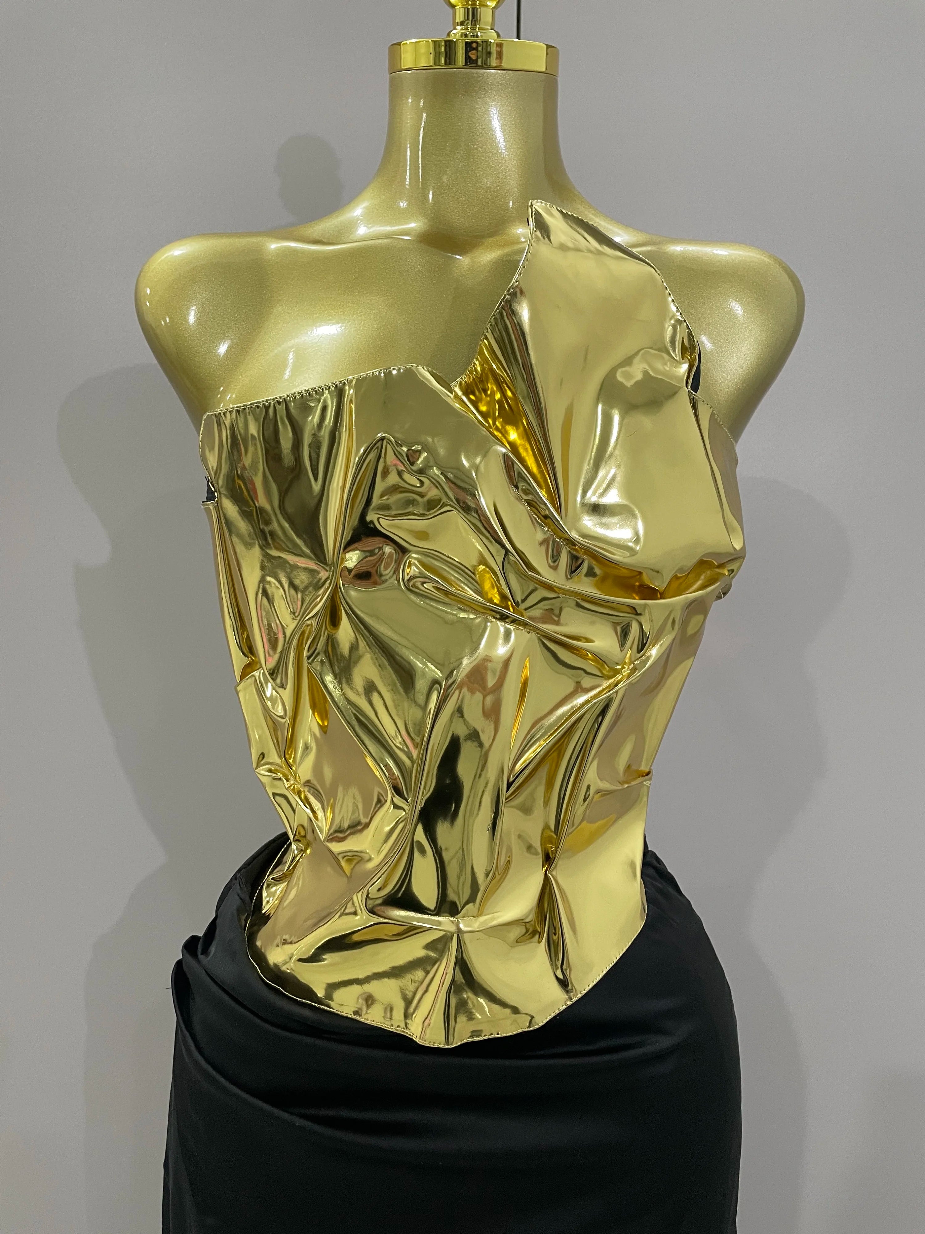 2025 Gold Color Sexy Laced-up Tops 2 Pieces Set Long Dress Women Celebrate Evening Party Celebrity Elegant Dress