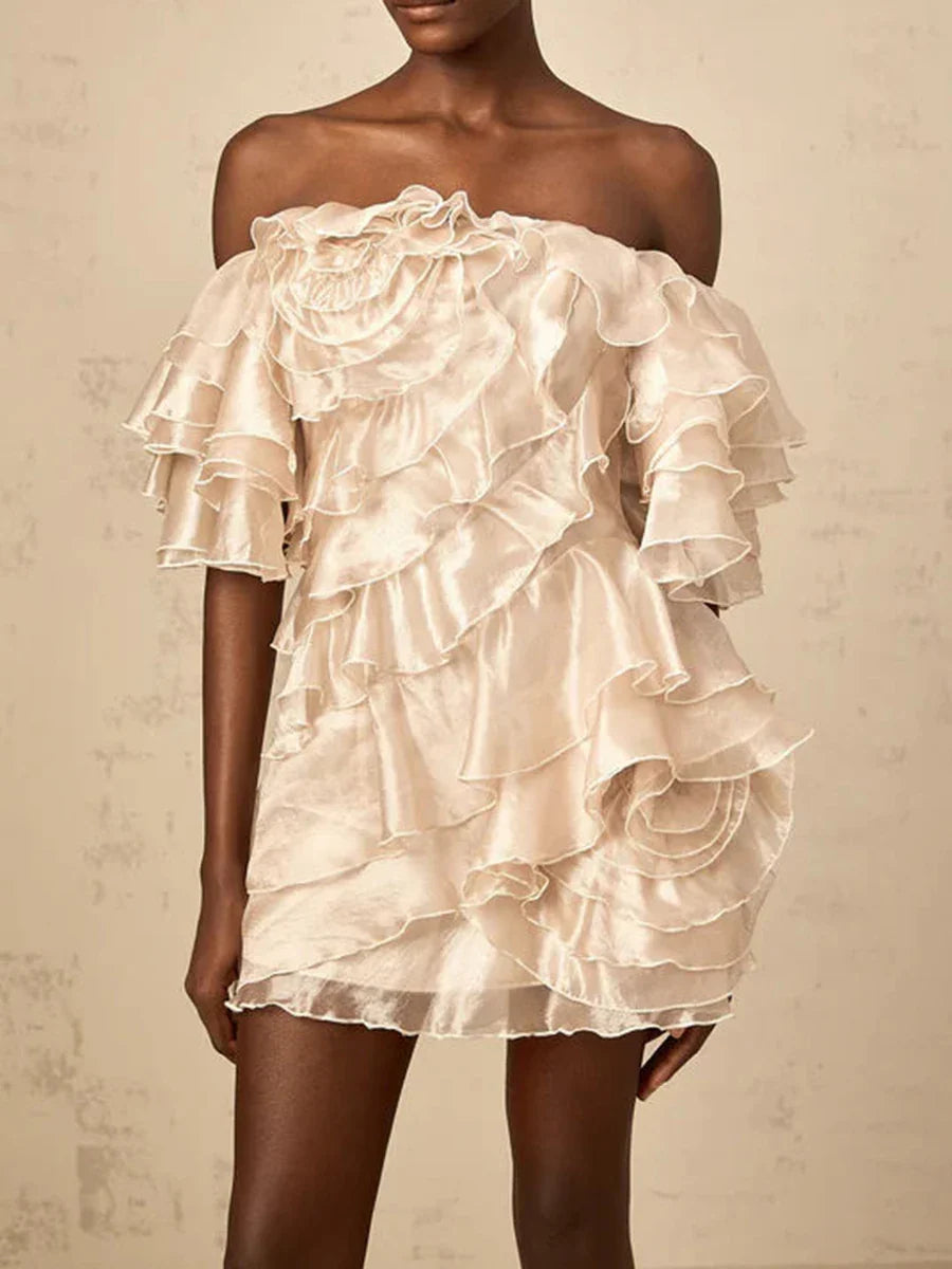 Solid Slimming Spliced 3D Flowers Mini Dresses for Women Slash Neck Off Shoulder Patchwork Ruffles Dress Female New APRICOT