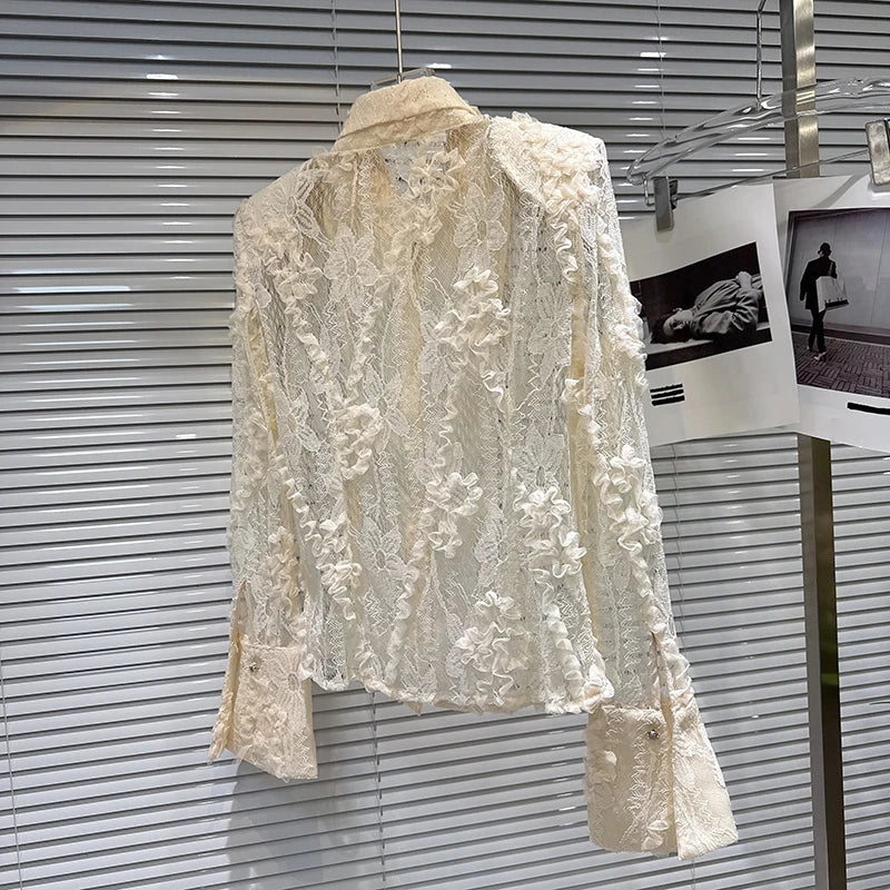 Winter New Fashion Pleated Lace Embroidery Shoulder Pad Long Sleeve Lapel Shirt For Women Blouse Female 11A07582