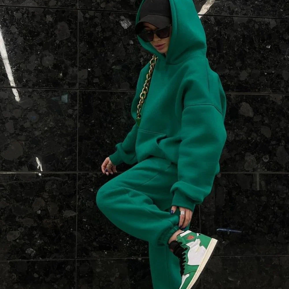 Fashion Women's Sports Two-Piece Autumn Hooded Long-Sleeved And Baggy Pants Fitness Set Solid Color Lady 2-Piece Suit Outfits