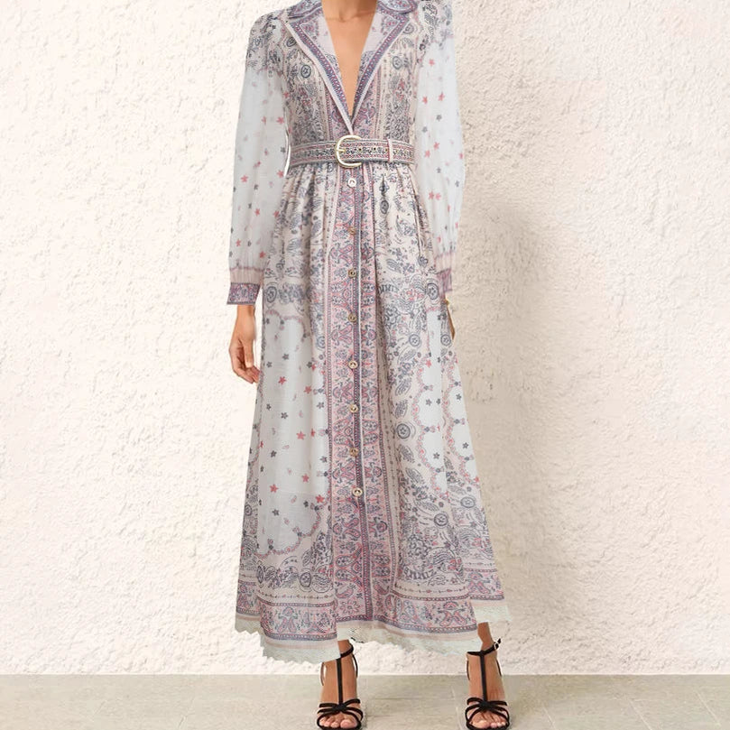 Summer Vintage For Women Printing Dresses Long Sleeve Lapel Single Breasted Chiffon Dress High Waist New Luxury Female Clothing Khaki