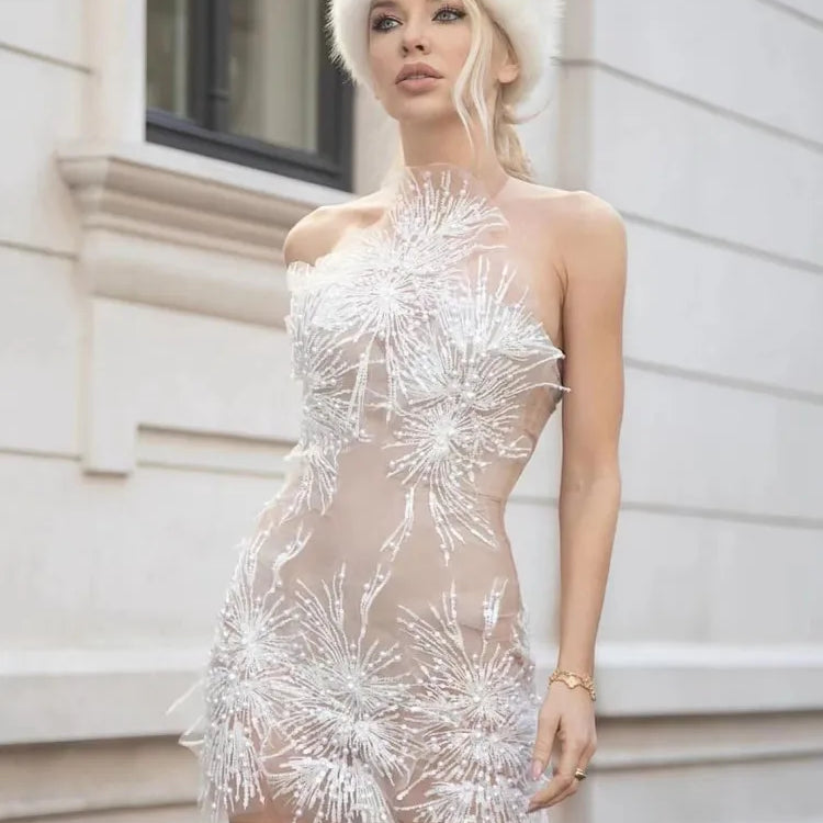 Women Sexy Off the Shoulder Mesh SeeThrough Bodycon Mini Dress Sequins Nightclub Party Celebrate Dress WHITE