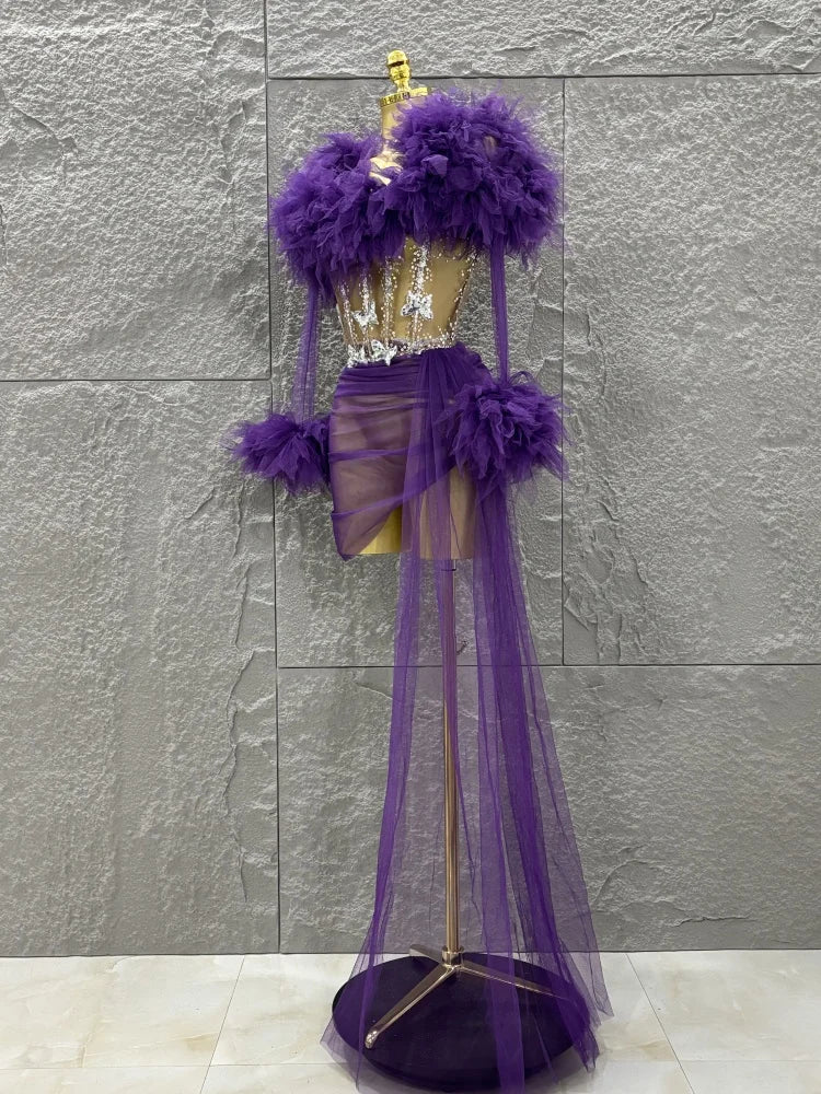 White Purple Women Sexy Mesh Ruffles 2 Pieces Bodycon Mini Dress See Through Celebrate Nightclub Party Bar Singer Stage Wear