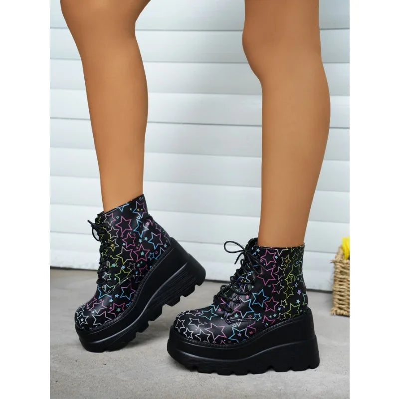 Winter Women's Gothic Platform Ankle Boots Fashion Wedge Lace Up High Heels Women's Boots Street Fashion Women's Shoes