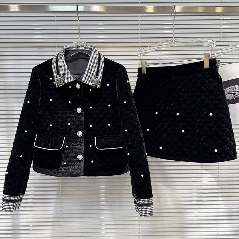 Winter New Fashion Elegant High-end Two-pieces Set For Women Velvet Cotton Inner Short Coat A-line Skirts 11A07777 Black Suit