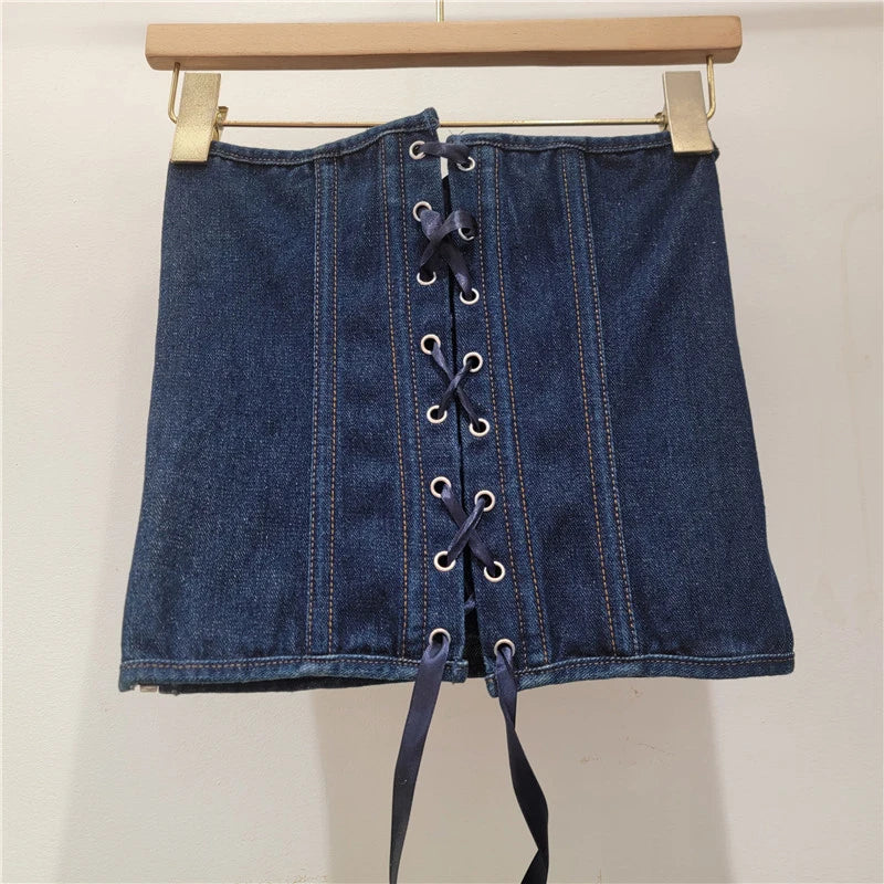 DEAT 2026 Spring Fashion New Back Bandage Beaded Denim Vest For Women Lace-up Slim Fit Zipper Tank Top Female Trendy 11A07881