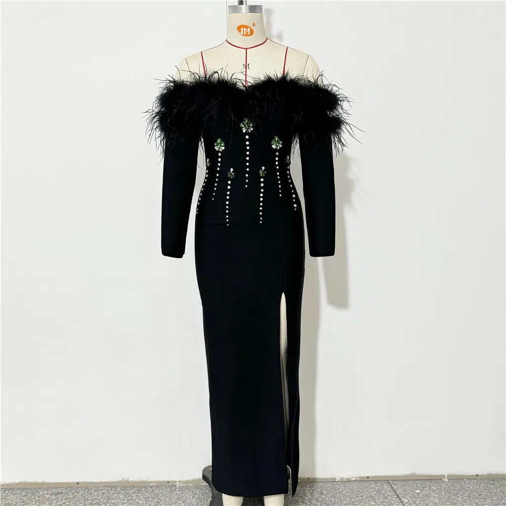 Women Long Sleeve Sexy Off the Shoulder Feathers Shinning Crystal Bodycon Long Bandage Dress Evening Party Cocktail Outfit black