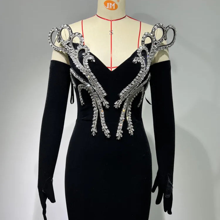 2024 Women Long Sleeve With Gloves Off the Shoulder Floor-Length Dress Elegant Evening Party Prom Dress Vestido