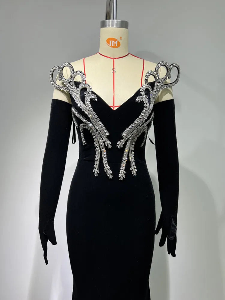 2024 Women Long Sleeve With Gloves Off the Shoulder Floor-Length Dress Elegant Evening Party Prom Dress Vestido