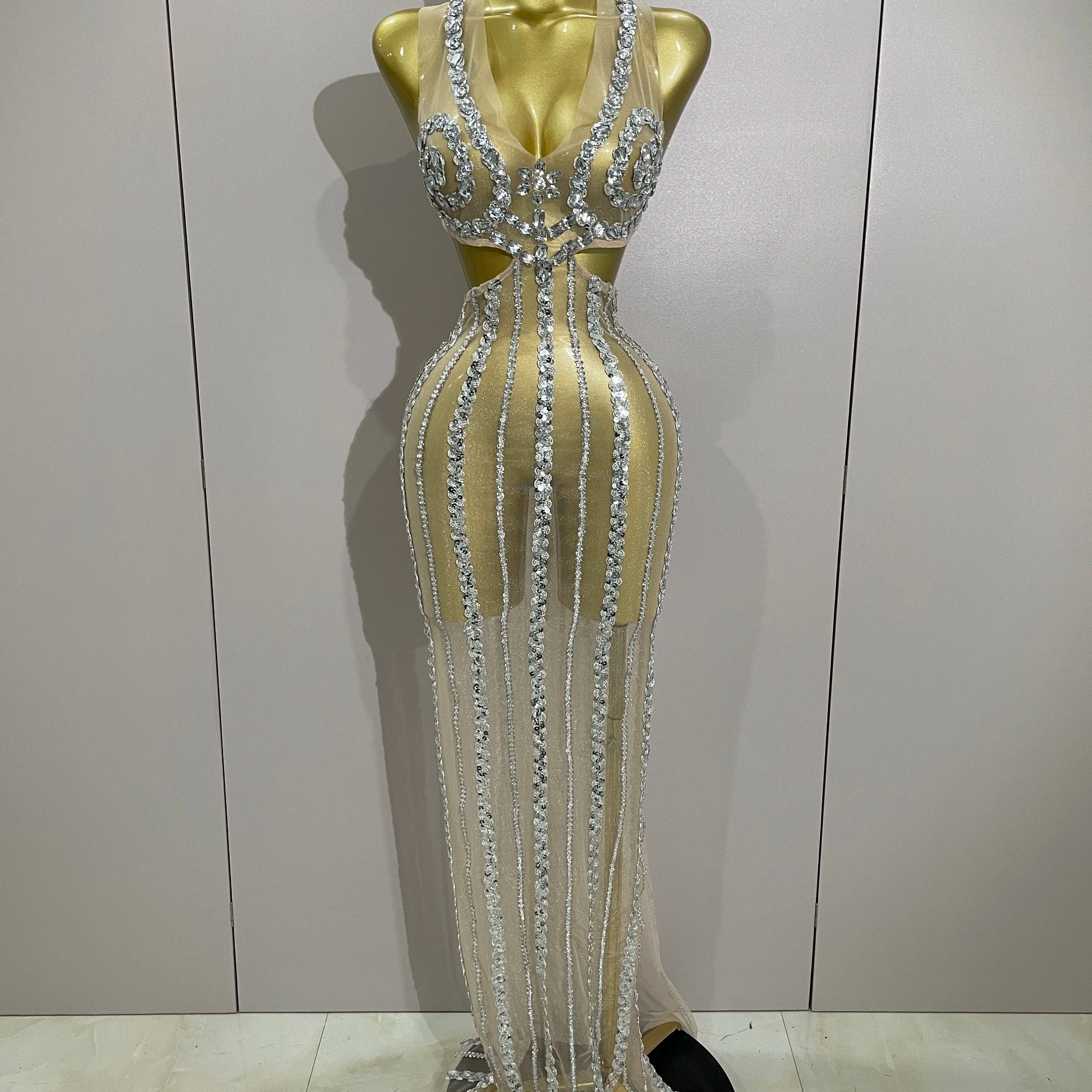 Luxury Sparkly Diamonds Sequins Sexy Mesh See Through Long Dress 2025 Women Celebrate Birthday party Dresses Festival Costume Silver