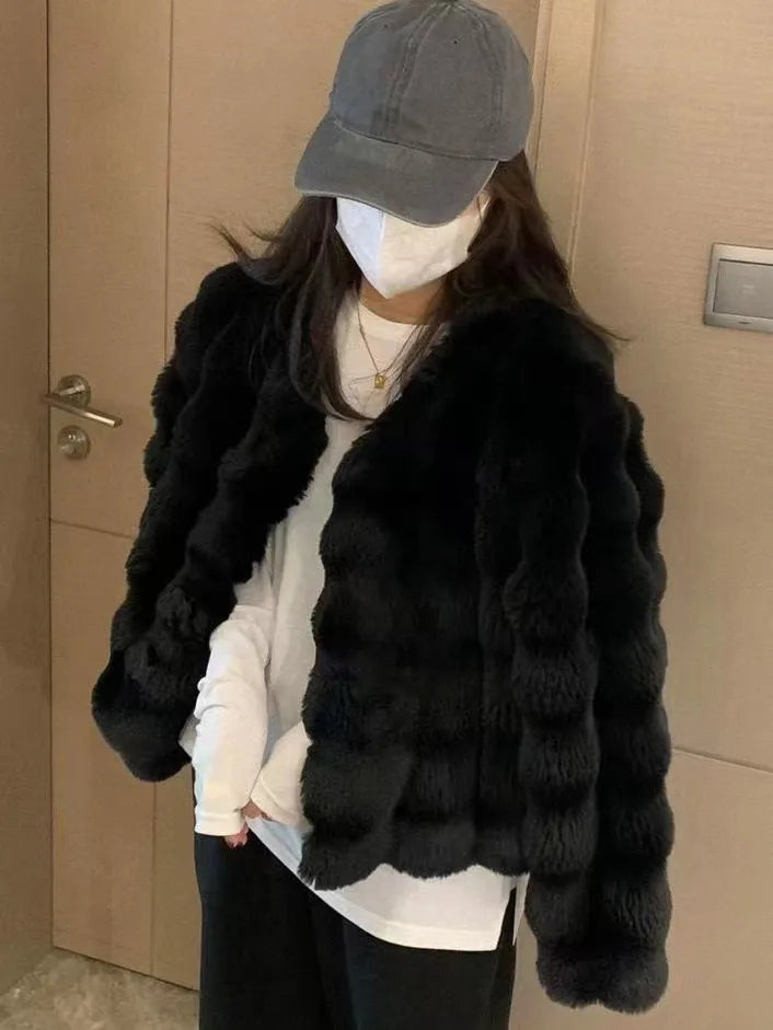 White Fur Coat for Women Autumn and Winter Short Imitation Fur Plush Collarless Top Short Top Warm
