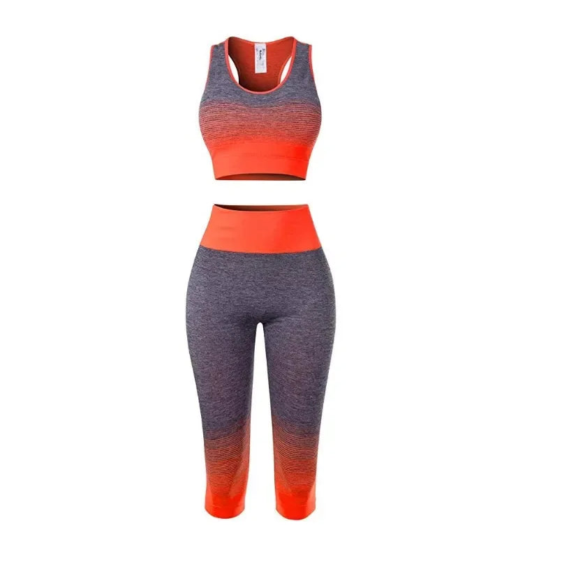 2 Piece Sets Womens Outfits Yoga Set Elastic Gradual Changing Sports Bra Tights Yoga Suit Set Fitness Workout Sports Leggings 7Pants Set 2 One size 40-75KG